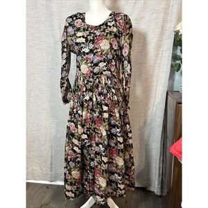Eileen Ashley Vintage Black Floral Long Sleeve Button Front Long Dress 6